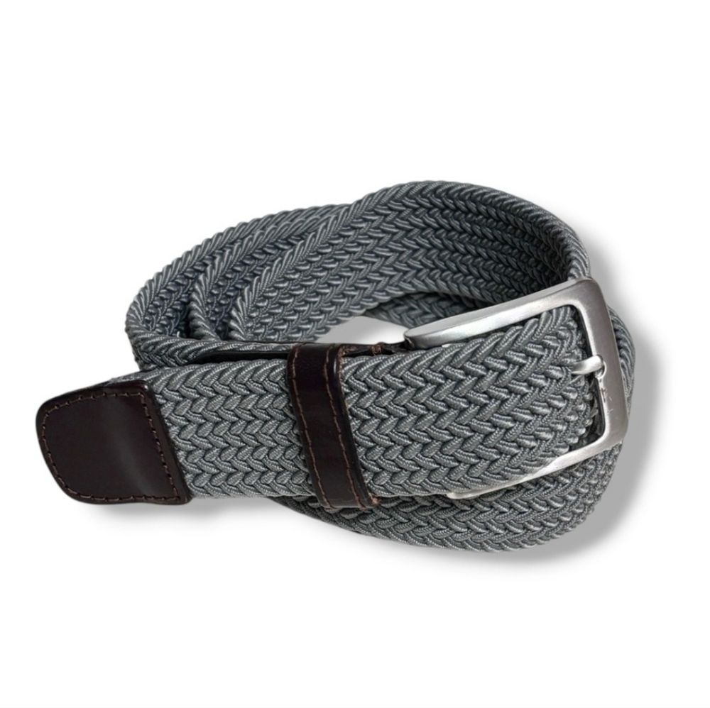 LAND’S END Grey Braided Elastic Belt Dark Brown Leather Trim Accent